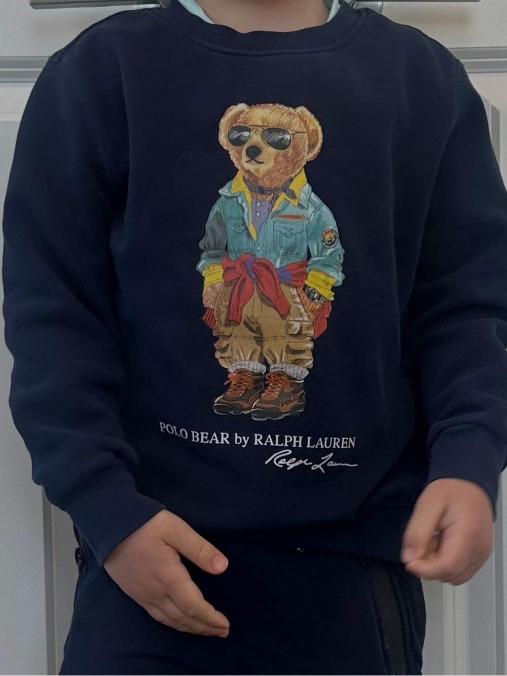 Ralph Lauren Navy Polo Bear Crewneck Sweater with Multicolor Bear Graphic